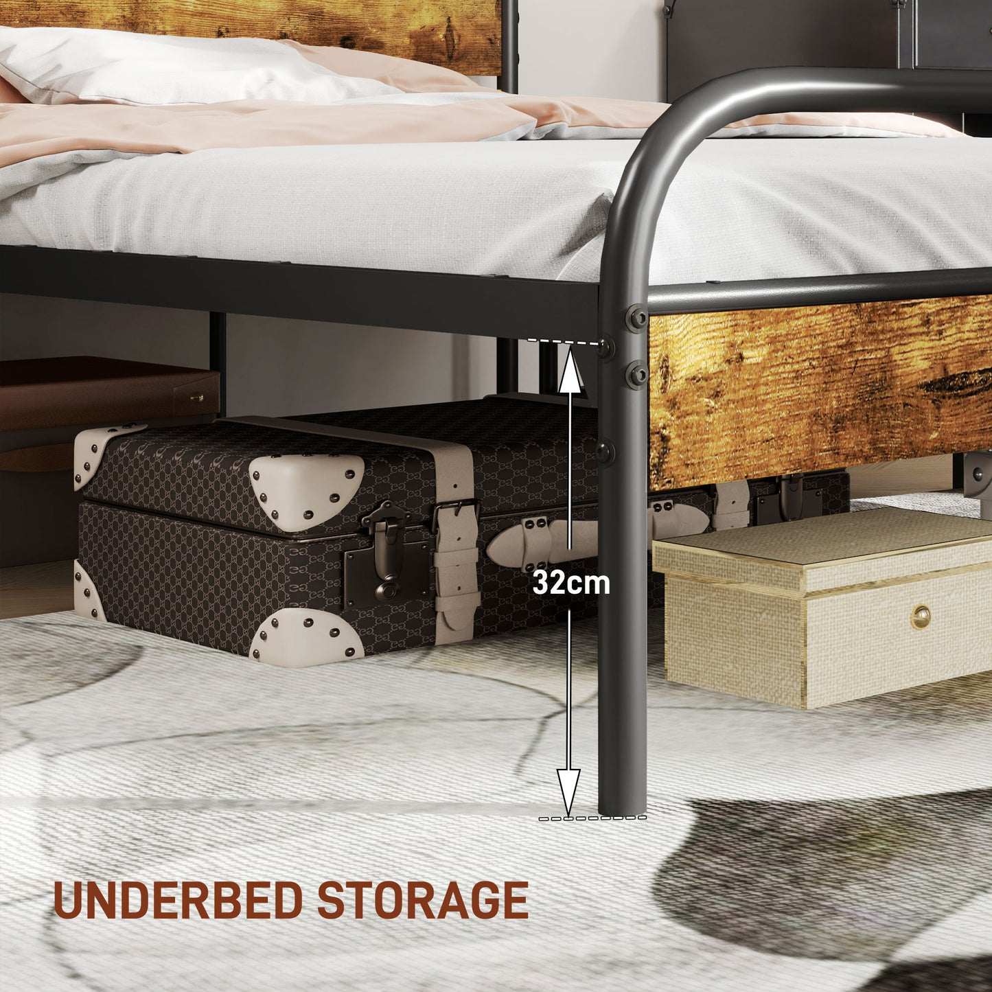 Bed Frame with Headboard, Platform Bed Frame with Underbed Storage