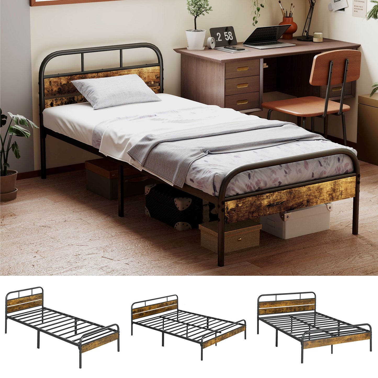 Bed Frame with Headboard, Platform Bed Frame with Underbed Storage