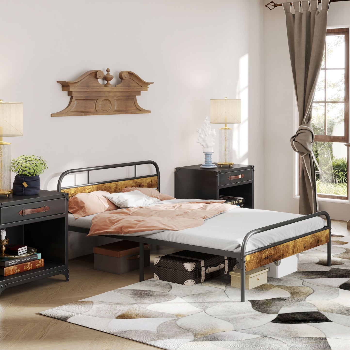 Bed Frame with Headboard, Platform Bed Frame with Underbed Storage
