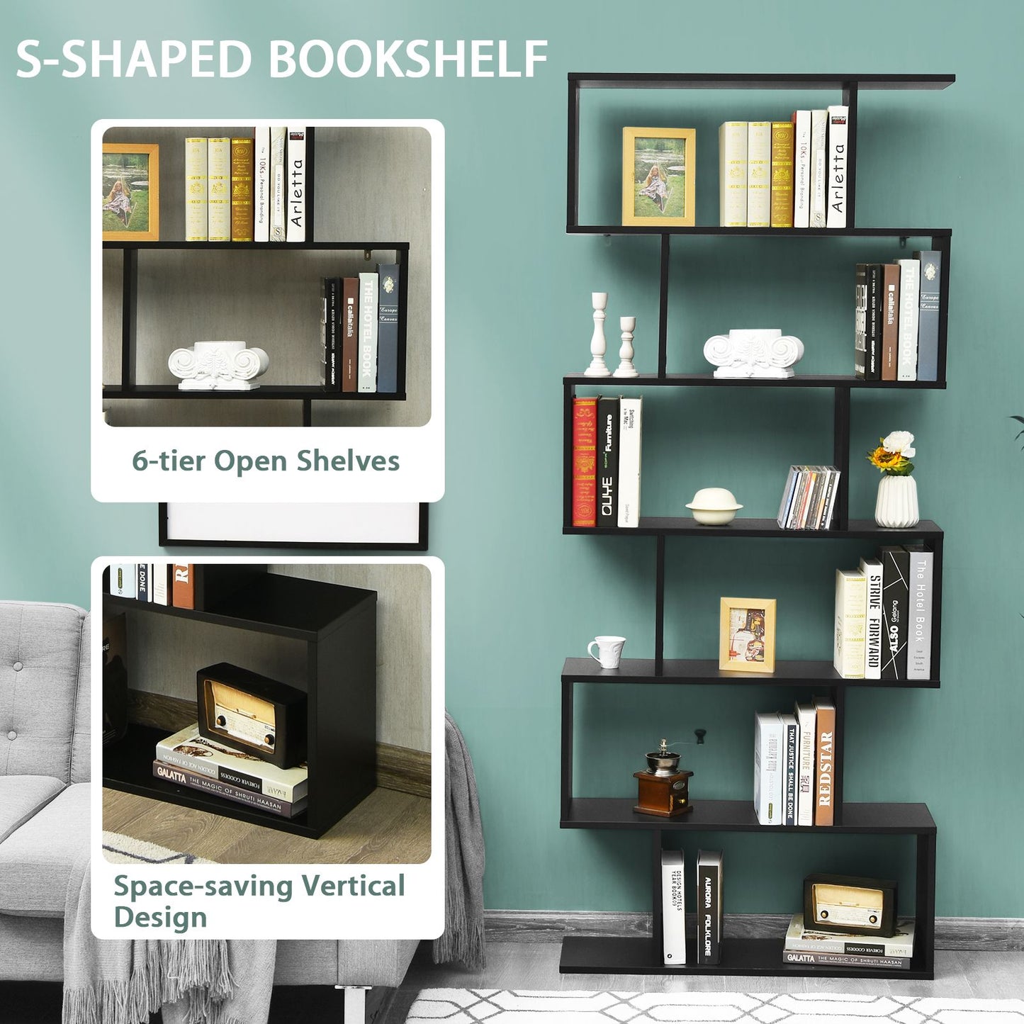 6-Tier S-Shaped Wooden Industrial Bookshelf