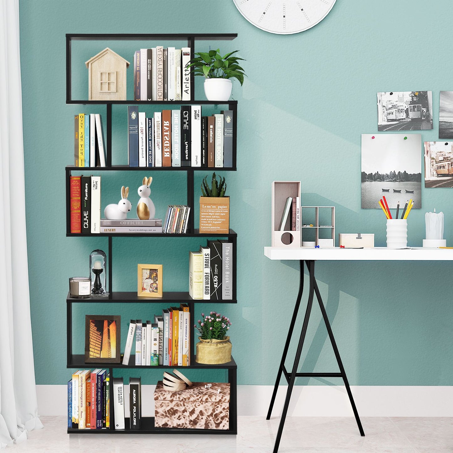 6-Tier S-Shaped Wooden Industrial Bookshelf