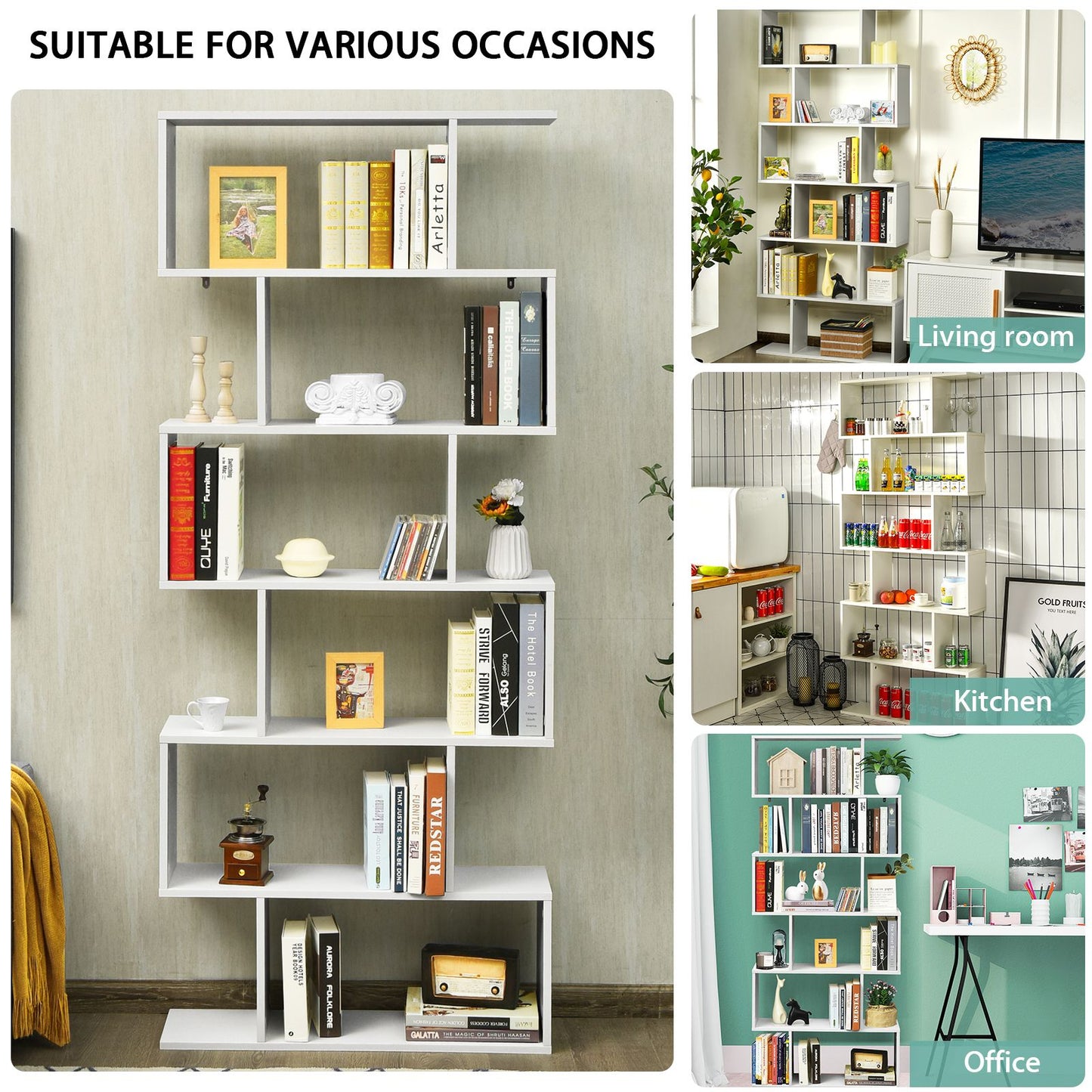 6-Tier S-Shaped Wooden Industrial Bookshelf