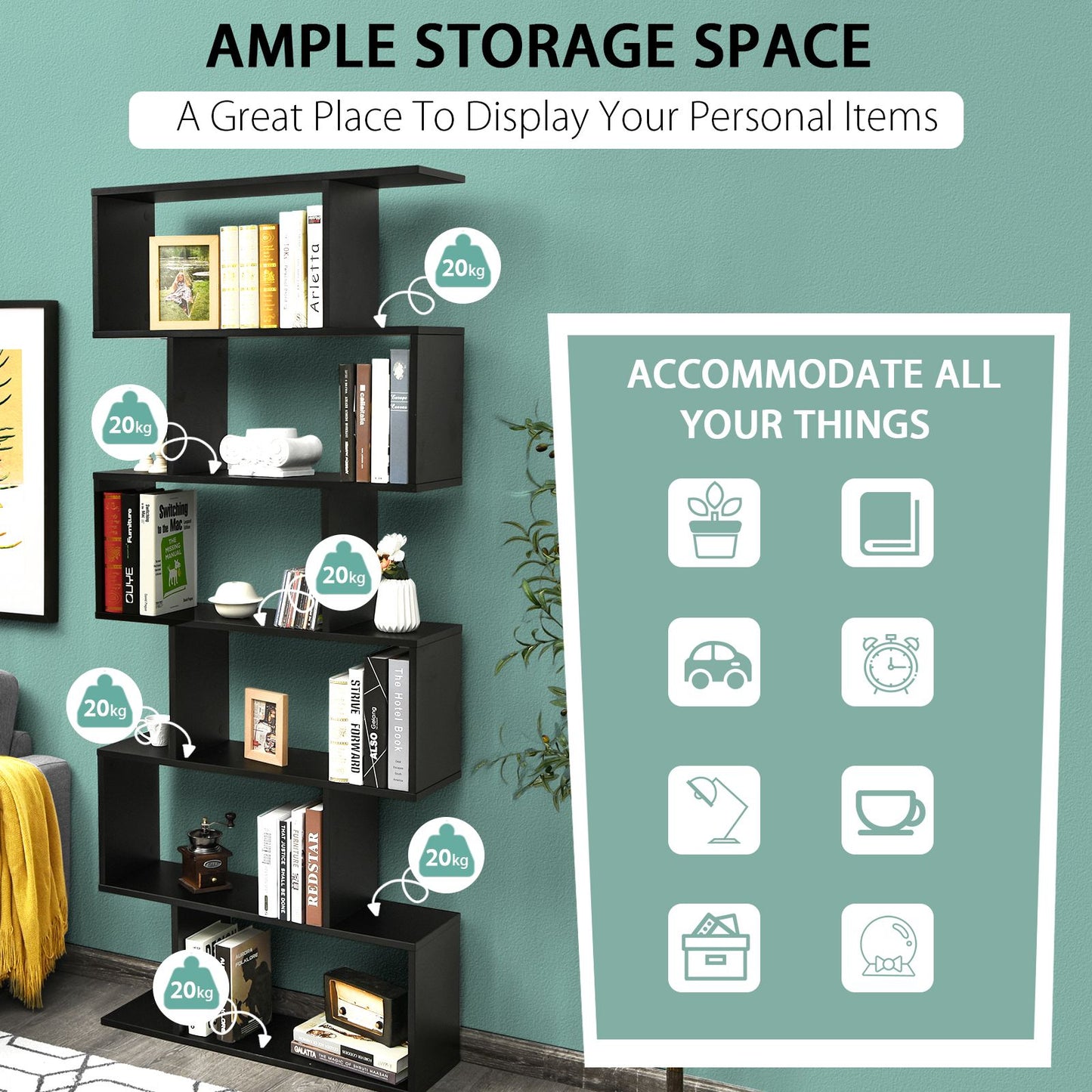 6-Tier S-Shaped Wooden Industrial Bookshelf