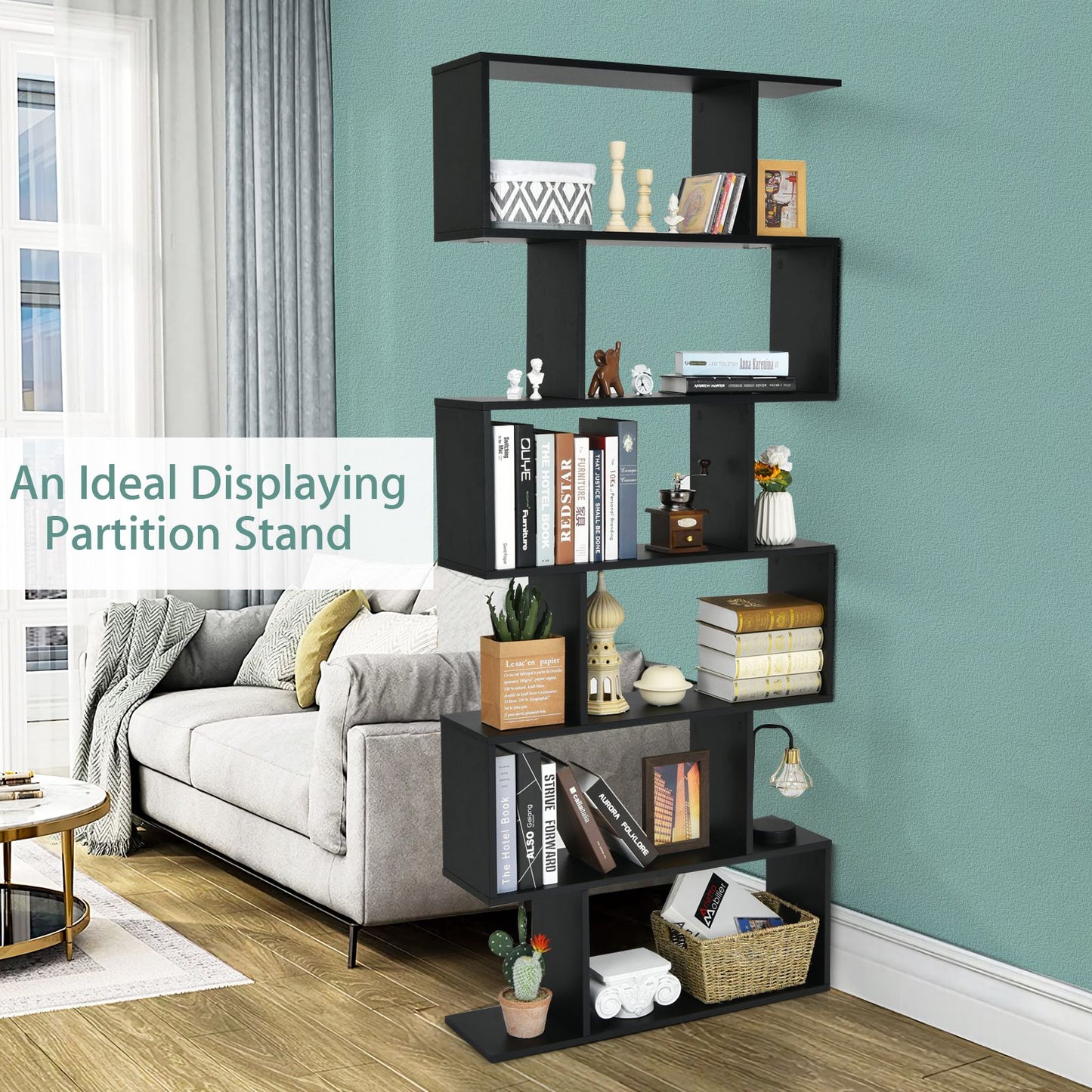 6-Tier S-Shaped Wooden Industrial Bookshelf