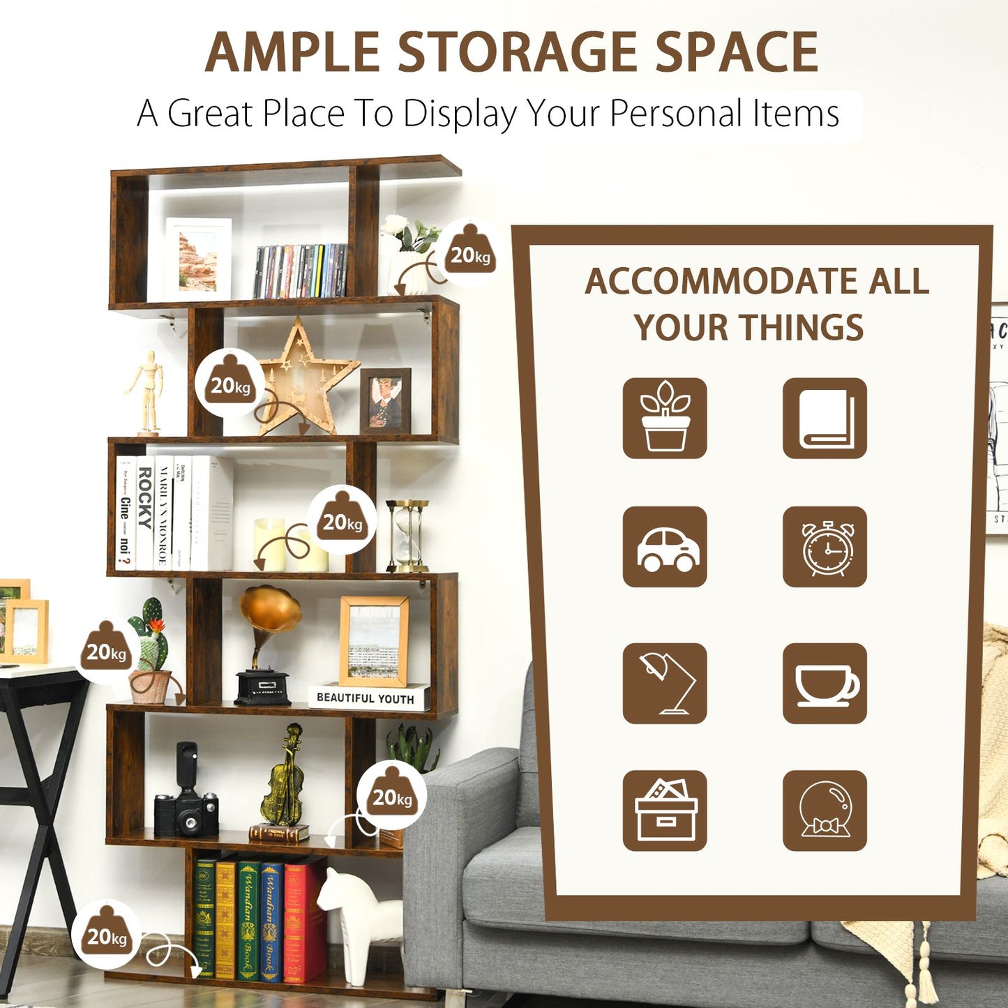 6-Tier S-Shaped Wooden Industrial Bookshelf