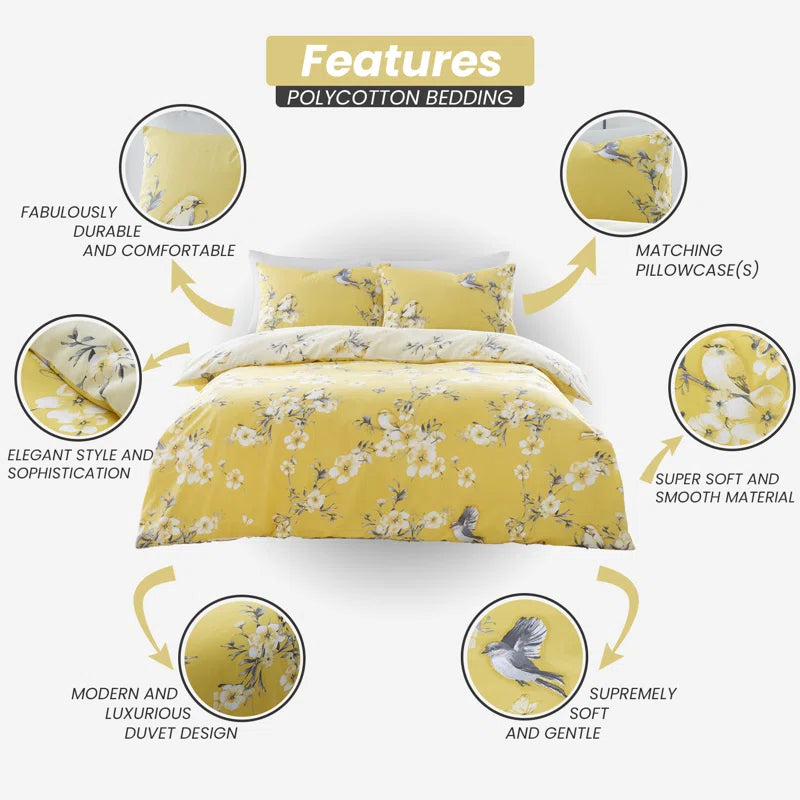 Birdie Cotton Blend Floral Duvet Cover Set with Pillowcases