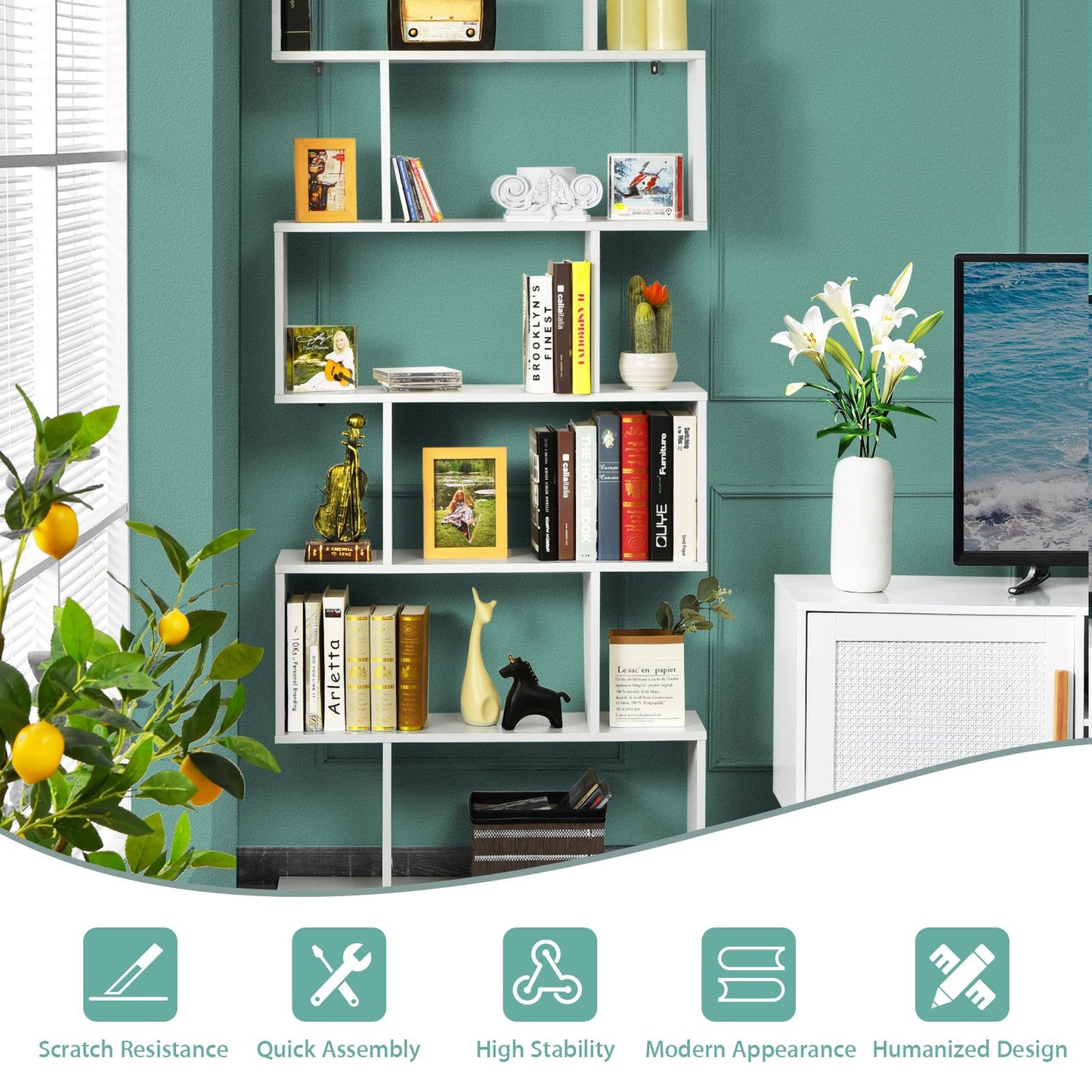 6-Tier S-Shaped Wooden Industrial Bookshelf