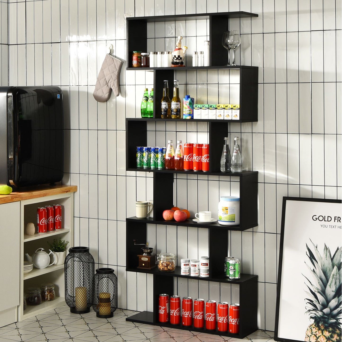 6-Tier S-Shaped Wooden Industrial Bookshelf