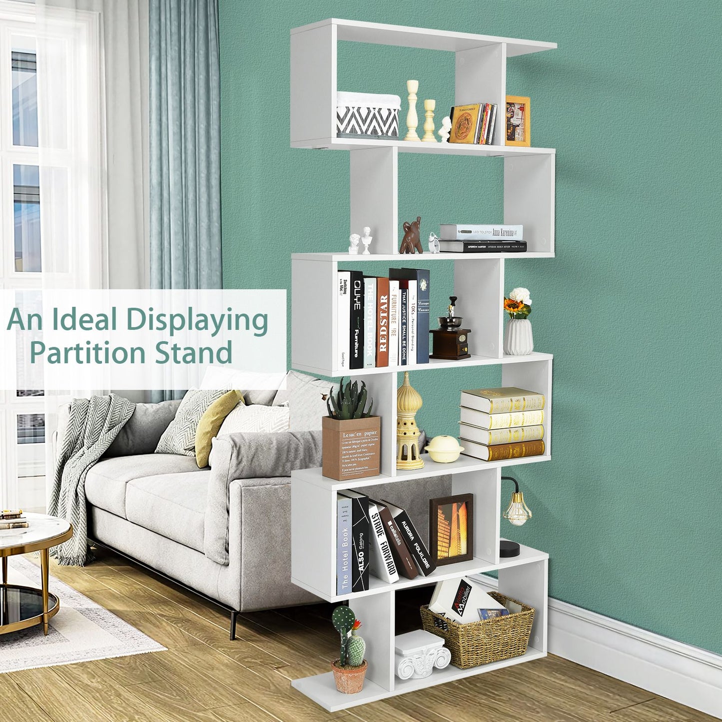 6-Tier S-Shaped Wooden Industrial Bookshelf