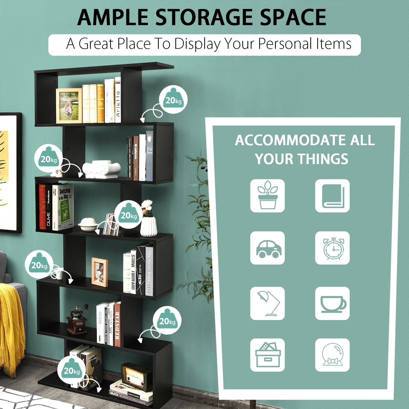 6-Tier S-Shaped Wooden Industrial Bookshelf