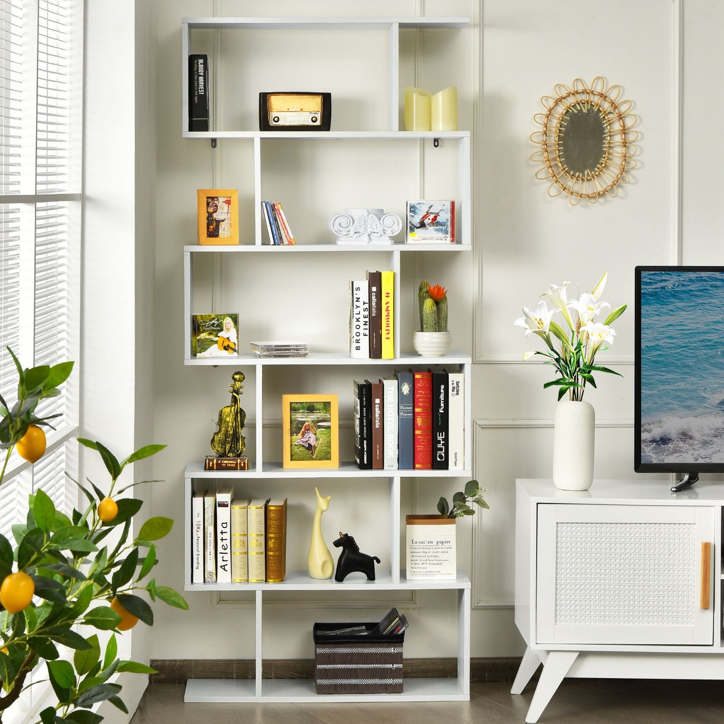 6-Tier S-Shaped Wooden Industrial Bookshelf