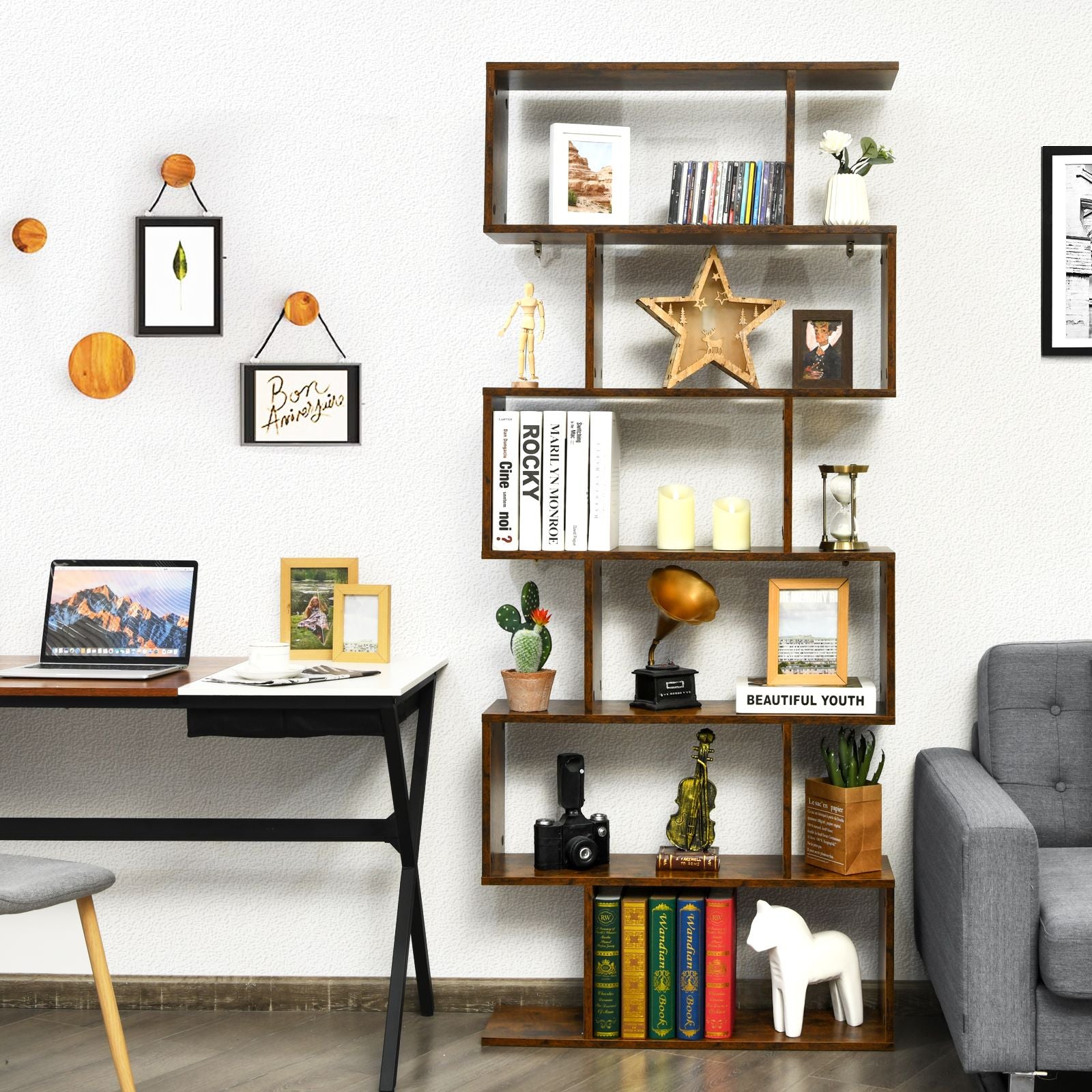 6-Tier S-Shaped Wooden Industrial Bookshelf