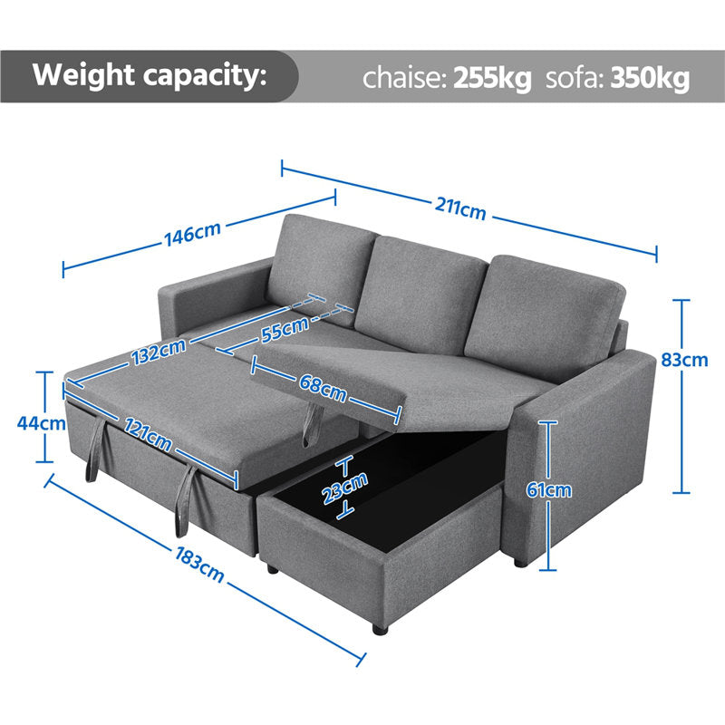 L-Shaped 3-Seater Sofa Bed