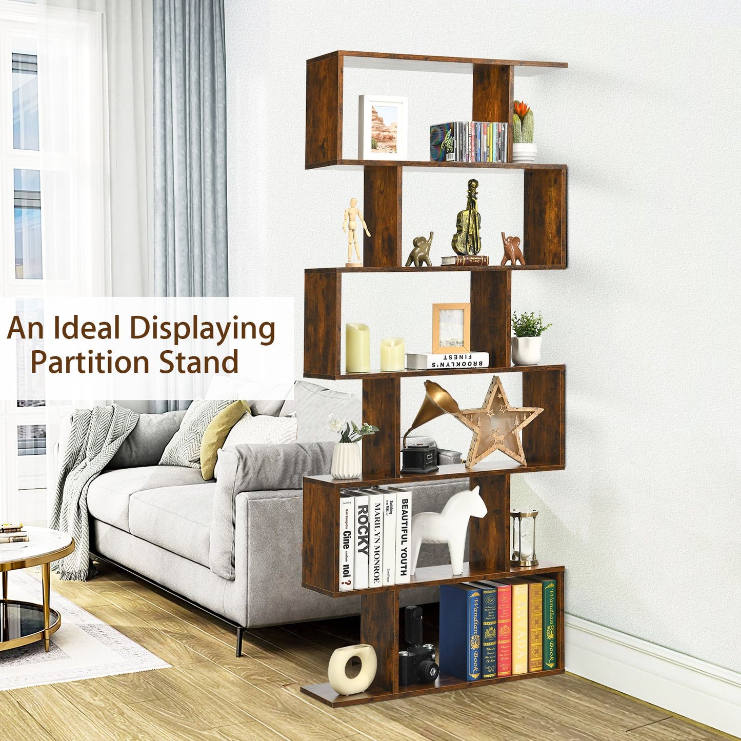 6-Tier S-Shaped Wooden Industrial Bookshelf