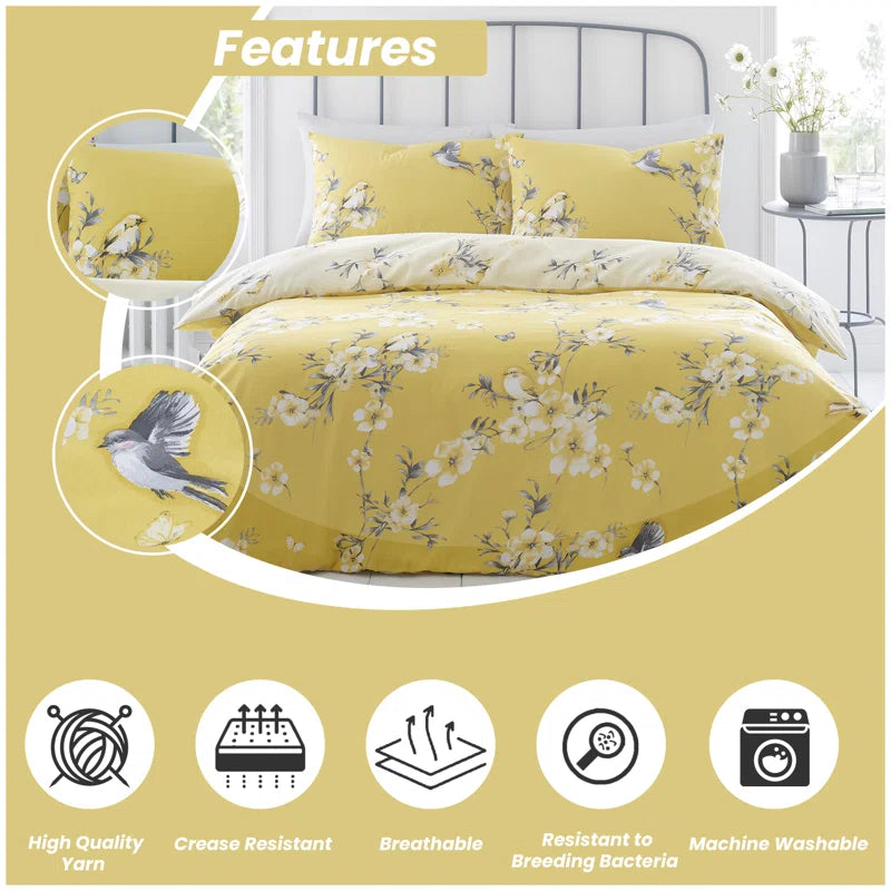 Birdie Cotton Blend Floral Duvet Cover Set with Pillowcases